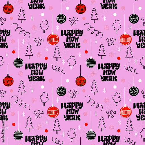 HAPPY NEW YEAR. VECTOR HOLIDAY GREETING NEW YEAR GREETING SEAMLESS PATTERN WITH HAND LETTERING QUOTE PHRASE