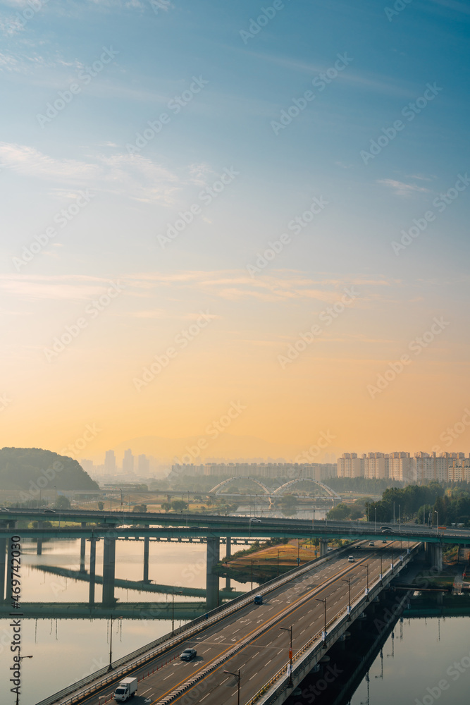 Panoramic view of Daejeon city and Gapcheon river at sunrise in Korea Panoramic view of Daejeon city and Gapcheon river at sunrise in Korea