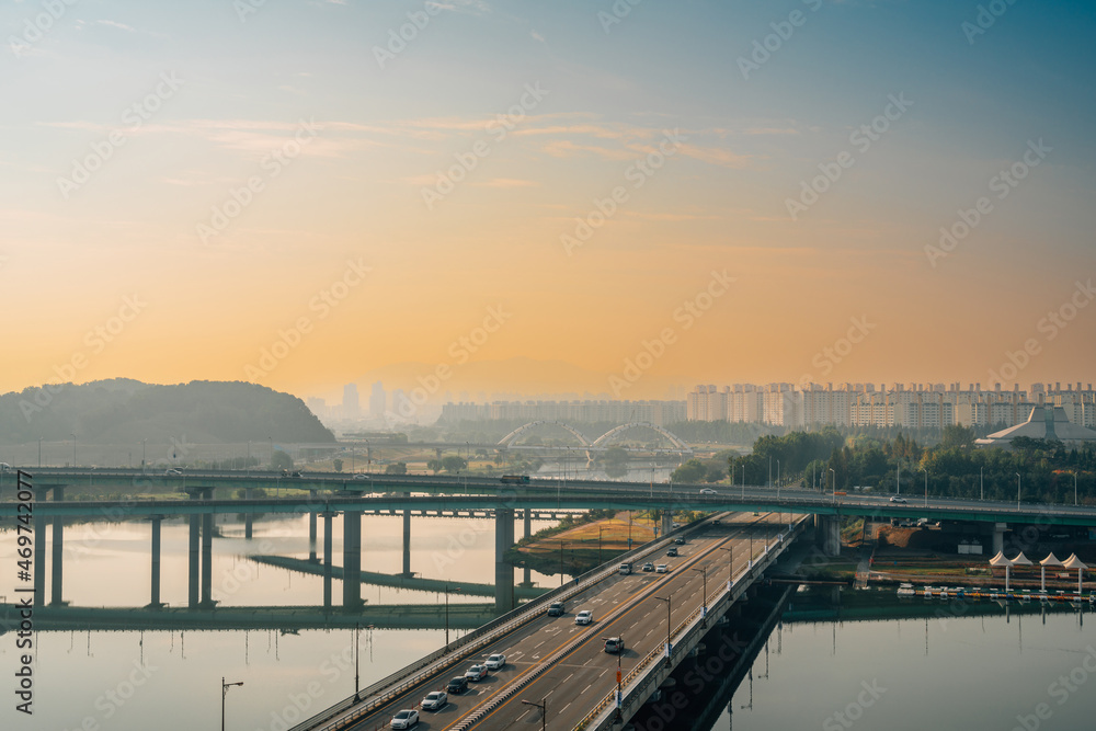 Panoramic view of Daejeon city and Gapcheon river at sunrise in Korea Panoramic view of Daejeon city and Gapcheon river at sunrise in Korea