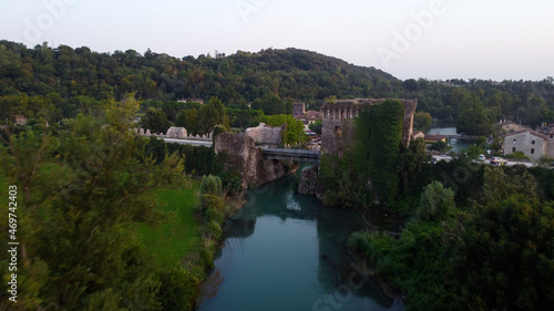 The upper view of the bridge to Borghetto Sul Mincio near Verona in Italy