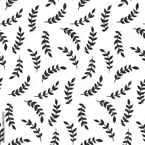 Seamless pattern with simple composition. Freely spaced twigs with small leaves on a white background. Vector illustration.