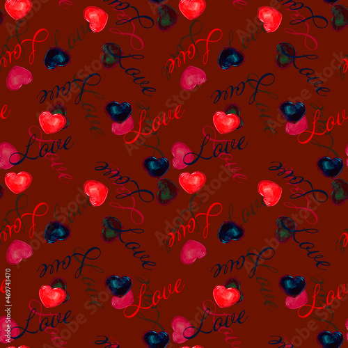 Watercolor lettering with hearts. Holiday seamles pattern on burgundy background.