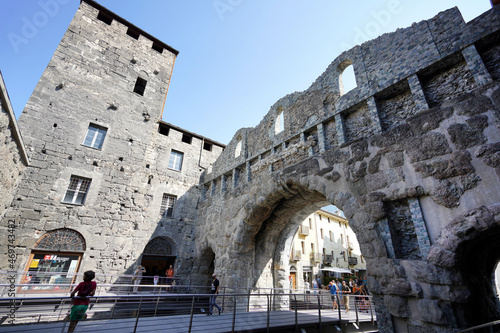 AOSTA, ITALY - AUGUST 20, 2021: roman ruins Porta Praetoria gate in Aosta city, northern Italy
