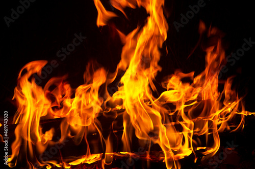 Fire flame on black background, bonfire