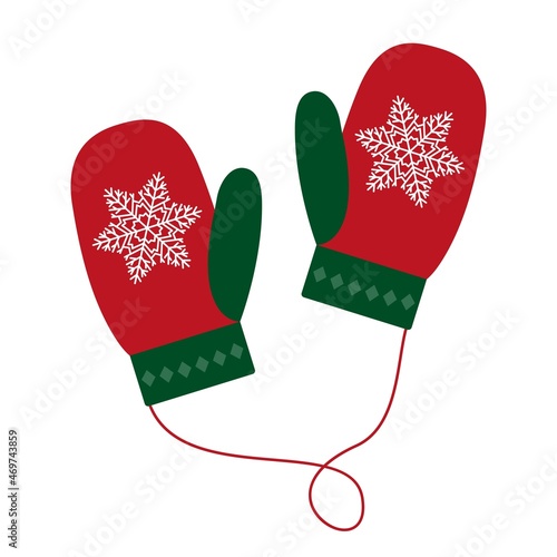 A pair of red knitted winter mittens with images of snowflakes. Vector illustration isolated on white background