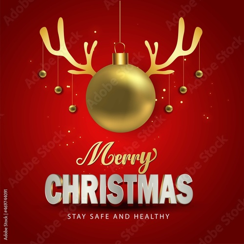 Merry Christmas lettering red background template. Greeting card invitation with golden ball and reindeer horn . Vector illustration.