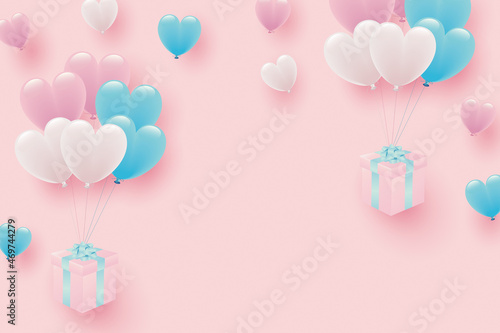 パステルカラーのハート形風船とギフトボックスのイラスト