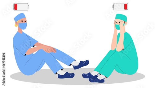 Concept burnout doctors. Tired doctors in masks and uniforms are sad. Vector illustration in flat cartoon style.