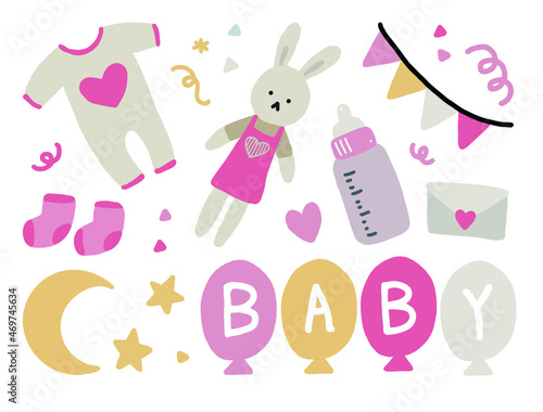 Baby shower set with hand drawn elements - Baby Vector illustration