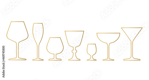 golden drinks, alcohol glasses set- vector illustration