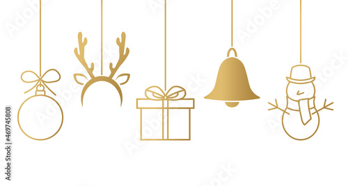 golden christmas elements: baubble, reindeer, gift, bell and snowman- vector illustration