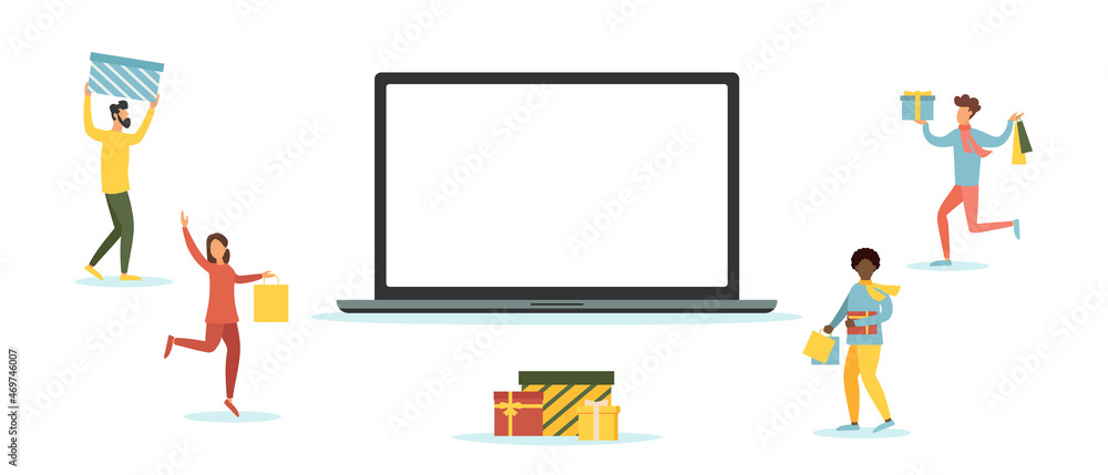 Fototapeta premium Christmas discounts online. People shop online. Vector illustration.