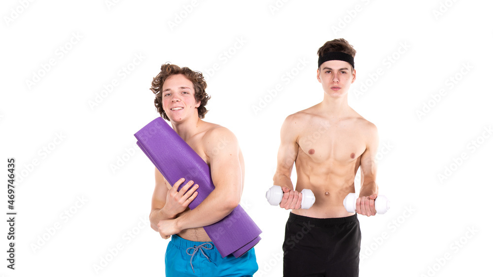 Two handsome guys go in for sports. White background. Two handsome guys go in for sports. White background.