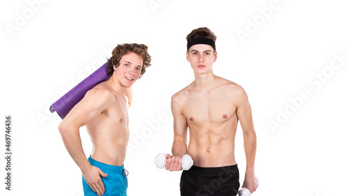 Two handsome guys go in for sports. White background.