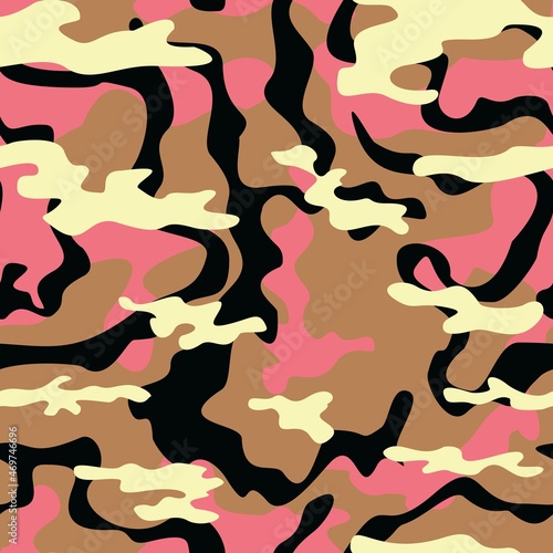 Abstraction camouflage, sand background, pink spots, fashionable pattern for printing clothes, fabric, paper. © Sanvel