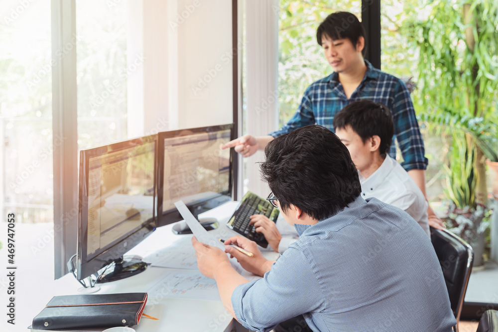 Fototapeta premium Programmers team working in a software developing. Developing programming and coding technologies. Website design. Cyber space concept.