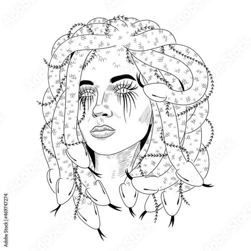 female gorgon. ancient mythology, mystical abilities. face of a beautiful woman and hair of snakes