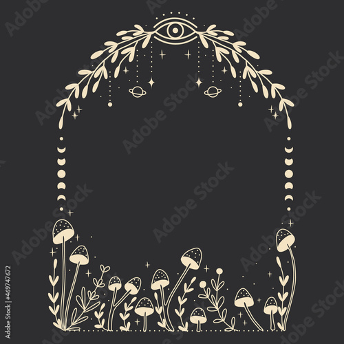 abstract mystical image of wild poisonous witch mushrooms. cosmic moon phases and rituals