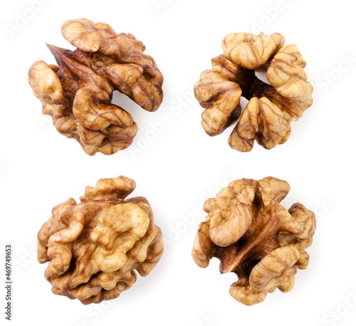 Walnut kernel set on a white background, isolated. Top view