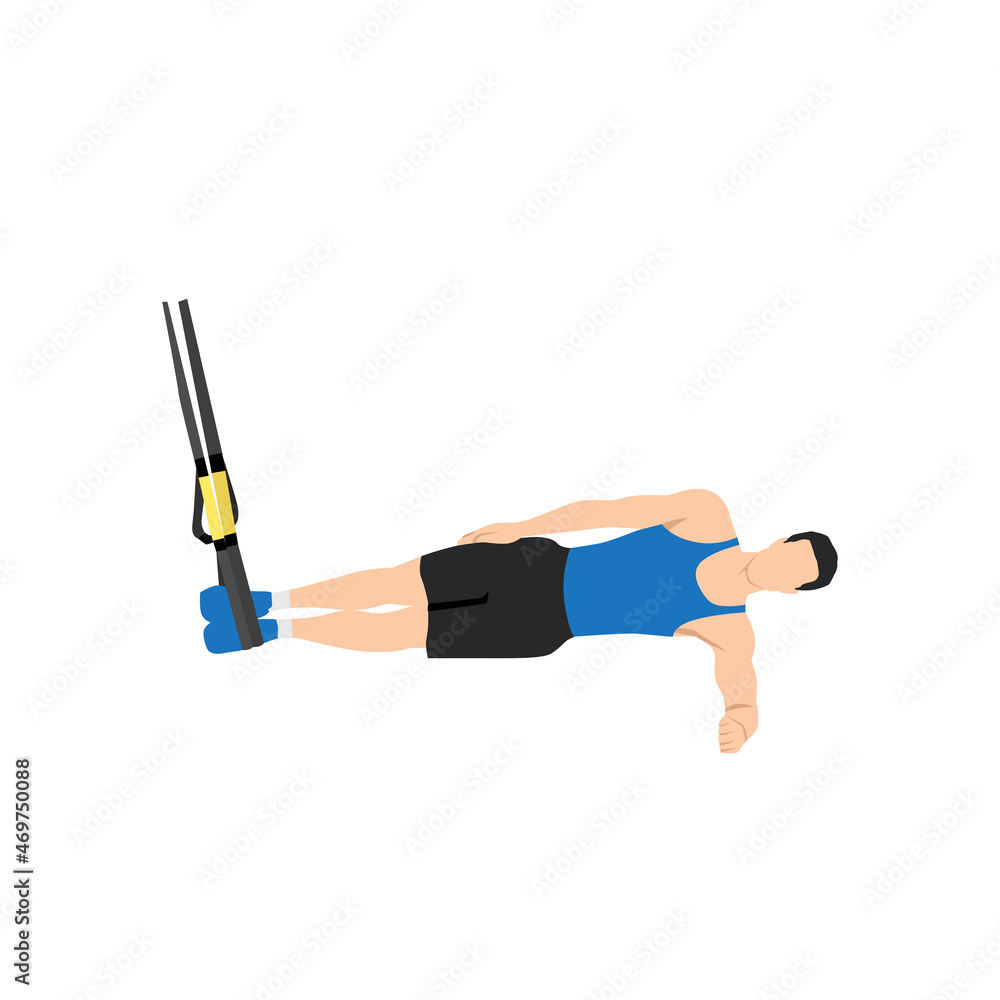 Man doing TRX. Suspension side plank. Abdominals exercise. Flat vector illustration isolated on white background.Editable file with layers Man doing TRX. Suspension side plank. Abdominals exercise. Flat vector illustration isolated on white background.Editable file with layers