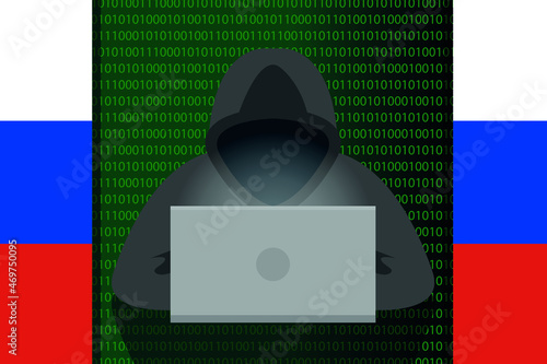 Russian hacker in a hood with a country flag. Vector
