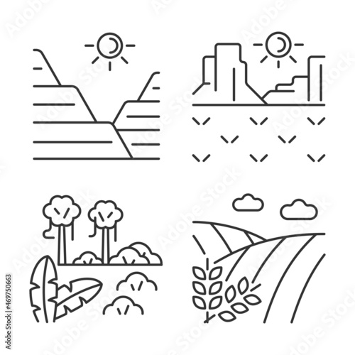 Landforms linear icons set. Sediment and rock land formation. Hot climate region. Jungle and rainforest. Customizable thin line contour symbols. Isolated vector outline illustrations. Editable stroke
