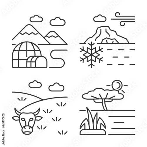 Climate zones linear icons set. Southern and northern regions. Temperate climatic conditions. Customizable thin line contour symbols. Isolated vector outline illustrations. Editable stroke