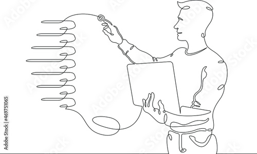 IT specialist is holding a laptop. Data center, server cabinet. Digital technologies. Working with the server. One continuous line .One continuous drawing line logo isolated minimal illustration.