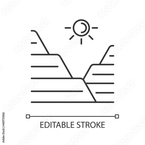 Loess linear icon. Sediment landform. Windblown dust and silt formation. Mountain slope land type. Thin line customizable illustration. Contour symbol. Vector isolated outline drawing. Editable stroke