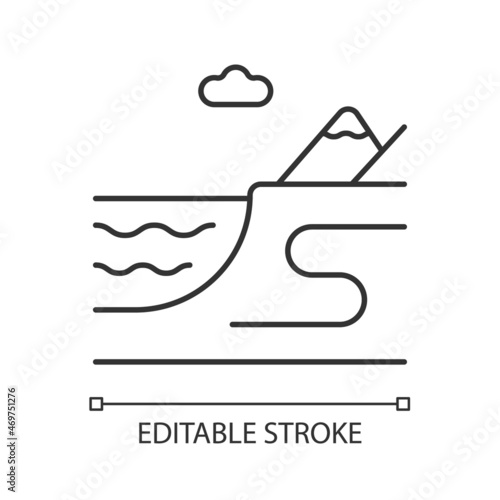 Coastal land linear icon. Sea and ocean shore. Coastline. Ground bordering with water. Thin line customizable illustration. Contour symbol. Vector isolated outline drawing. Editable stroke