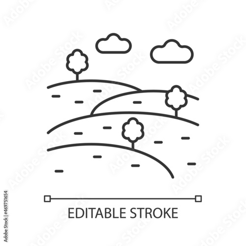 Hills linear icon. Natural elevation. Land formation raised above surface. Medium height mountain. Thin line customizable illustration. Contour symbol. Vector isolated outline drawing. Editable stroke