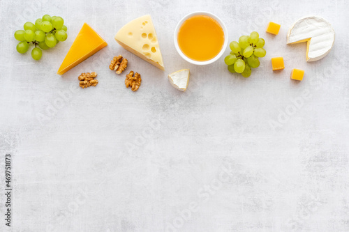 Various types of cheese layout. Dairy products flat lay