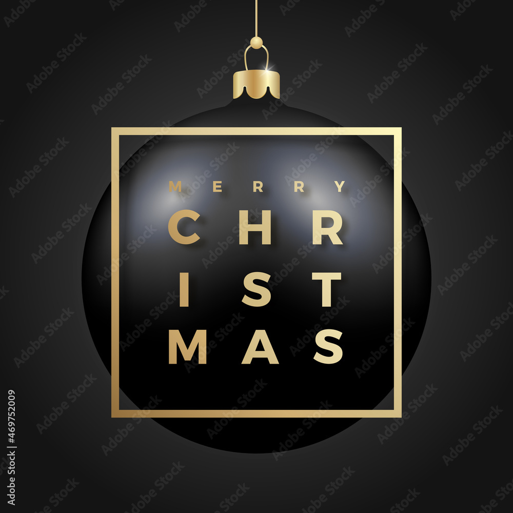 Realistic Black Christmas Bauble on Black Background with Modern Golden Glitter Typography Greetings in a Frame. Winter Holiday Decoration Sticker, Card or Poster. New Year 3D Ball Banner Realistic Black Christmas Bauble on Black Background with Modern Golden Glitter Typography Greetings in a Frame. Winter Holiday Decoration Sticker, Card or Poster. New Year 3D Ball Banner