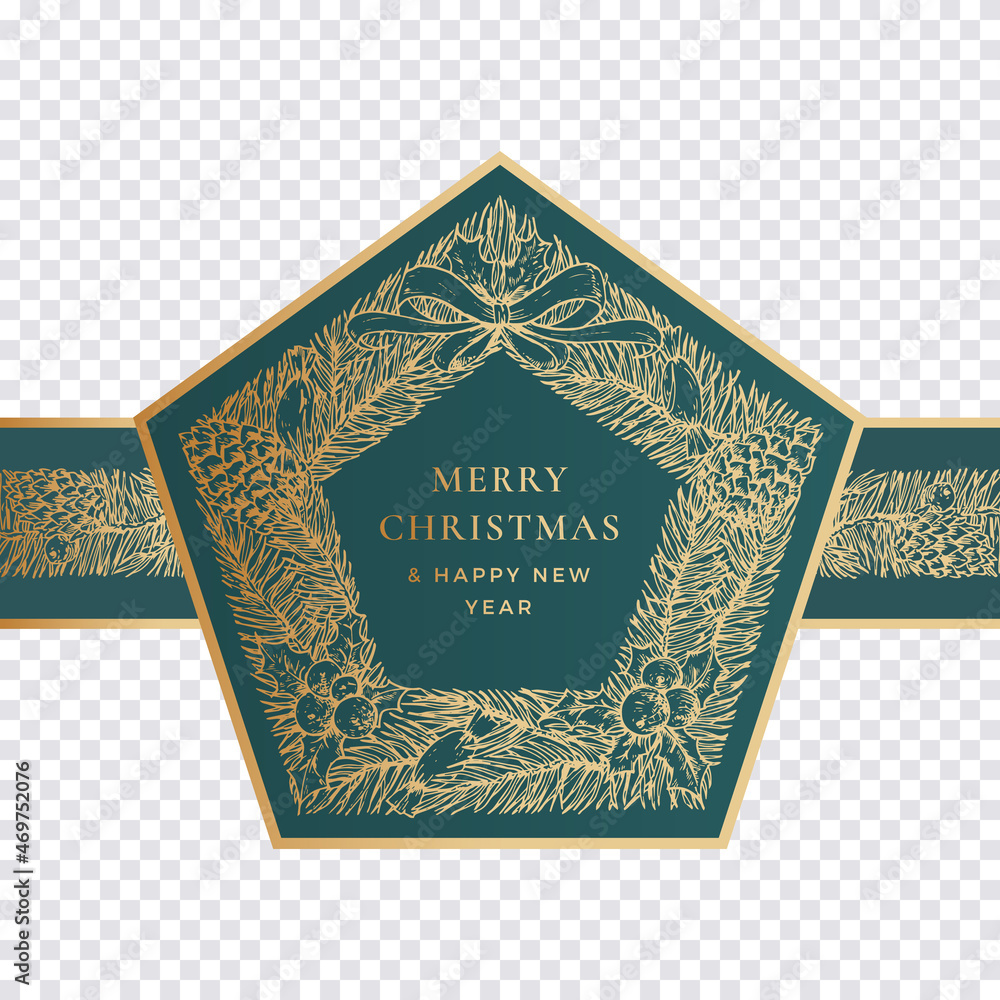 Fototapeta premium Christmas and New Year Hand Drawn Wreath with Stripe or Band. Frame Banner Sticker or Wrapping Template. Abstract Holiday Promo Sale Vector Label with Retro Typography and Golden Glitter. Isolated