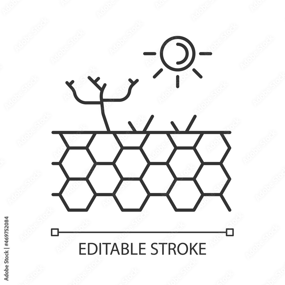 Barren land linear icon. Infertile soil. Drought and hot climate zone. Dry bare ground. Thin line customizable illustration. Contour symbol. Vector isolated outline drawing. Editable stroke Barren land linear icon. Infertile soil. Drought and hot climate zone. Dry bare ground. Thin line customizable illustration. Contour symbol. Vector isolated outline drawing. Editable stroke