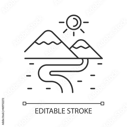 Valley linear icon. Lowland. Long low landform. Area between hills and mountains. Land depression. Thin line customizable illustration. Contour symbol. Vector isolated outline drawing. Editable stroke photo