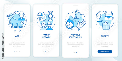 Arthritis risk factors blue onboarding mobile app page screen. Causes of disease walkthrough 4 steps graphic instructions with concepts. UI, UX, GUI vector template with linear color illustrations