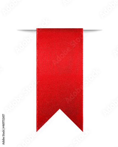 Shiny red ribbon bookmark for use as a page reminder. Photographed isolated on a white background. An attractive design element for web pages and brochures. photo