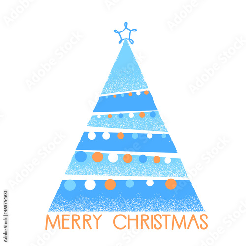 Vector blue winter Chriistmas card with tree on white background and holiday text. Tender nice abstract christmas tree decorations photo