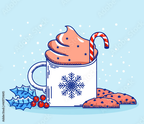 Christmas cup of Whipped coffee milk and sweet chocolate chip cookies. Vector winter Chriistmas card with red holly berry on blue snow background for text photo