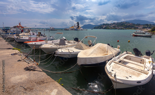 Kerkyra. Greece. View of the coastline and fishing boats on a sunny day.