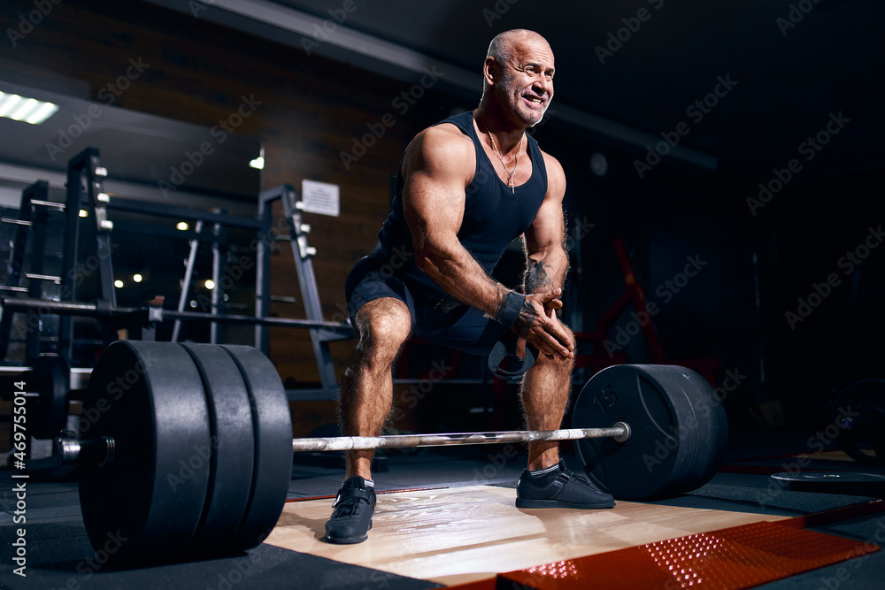 Fototapeta Adult bald man powerlifter bodybuilder preparing deadlift barbell in gym. Powerlifting. Bodybuilding
