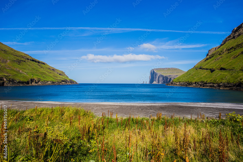 The beautiful beach in Tjörnuvik in Faroe Islands