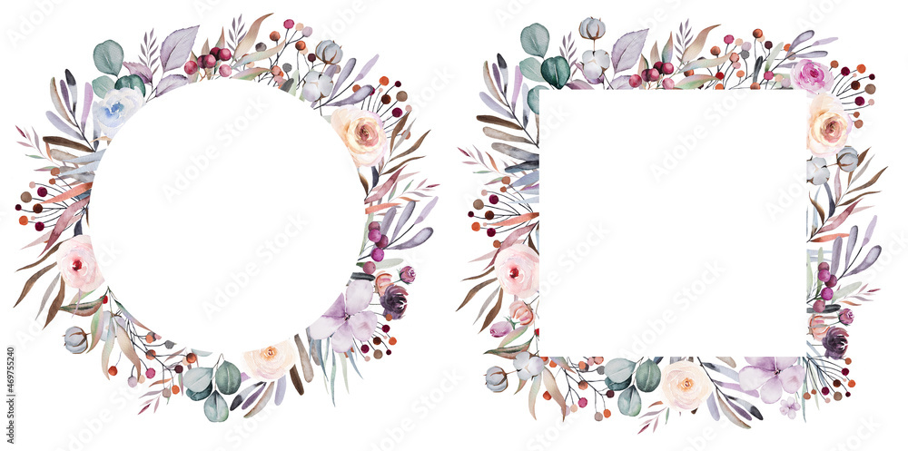 custom made wallpaper toronto digitalWinter floral Watercolor frames with pastel leaves, berries and flowers