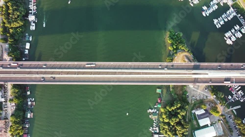 Drone view of bridge, river and boats at summertime - Belgrade, Serbia.	
