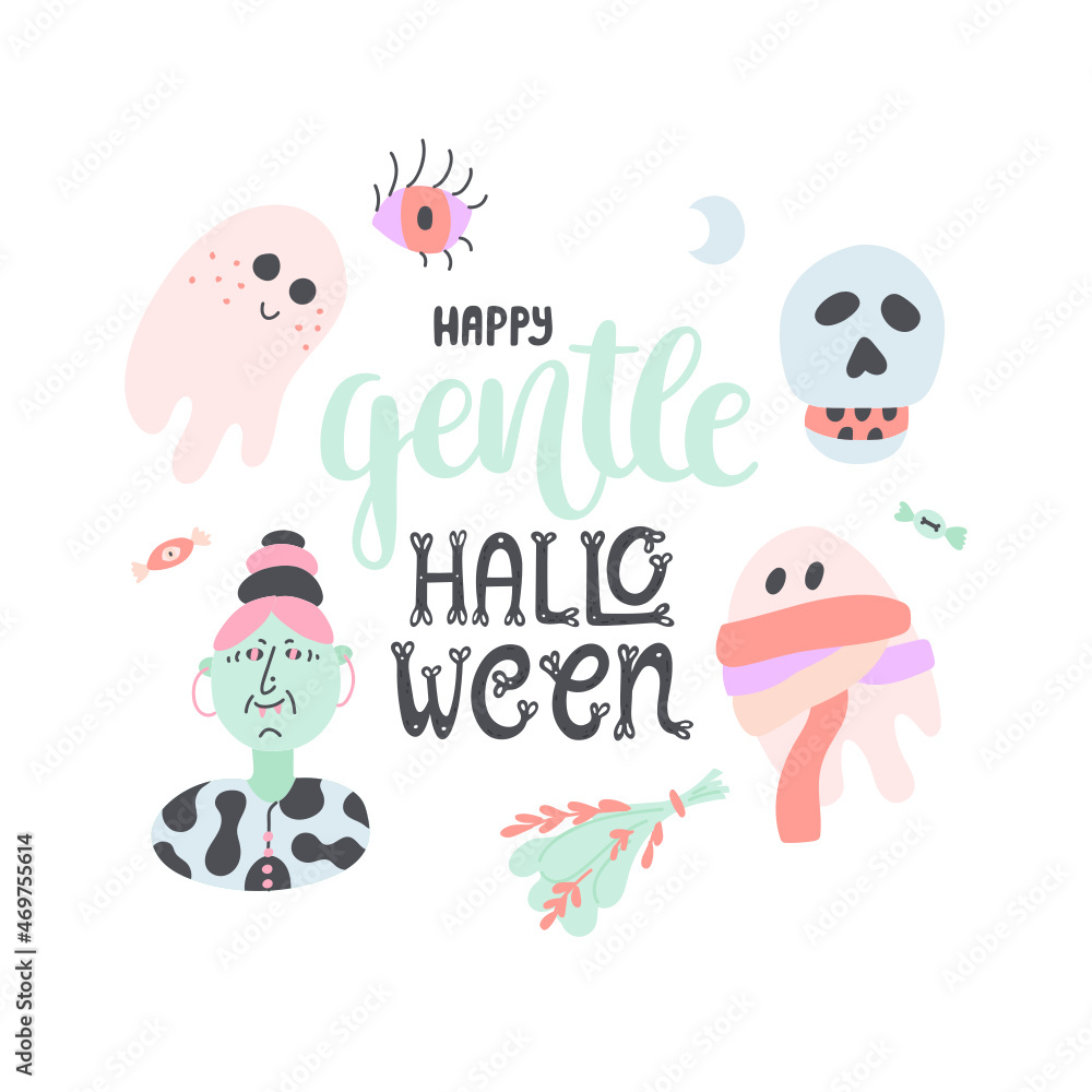 Fototapeta premium Doodle hand-drawn illustrations - lady vampire, ghost, mummy ghost. With lettering and calligraphy - Hello gentle Halloween. Cute vector greeting card. Vector isolated on white background.