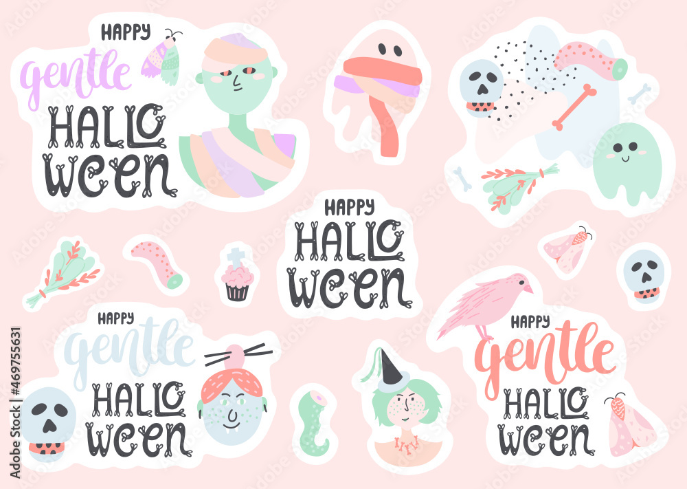 Set of cute Halloween stickers in pastel colors. Pretty childish doodle illustrations with hand-drawn text. Set of cute Halloween stickers in pastel colors. Pretty childish doodle illustrations with hand-drawn text.