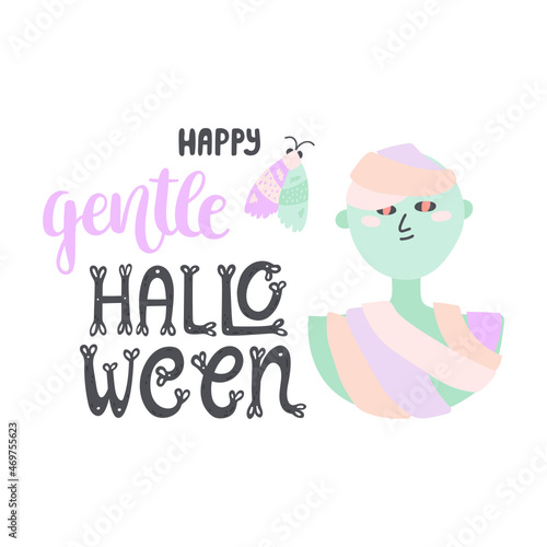 Cute pastel Halloween card. Modern design with hand-drawn doodle mummy and moth illustrations and lettering - Hello gentle Halloween. Vector isolated on white background.