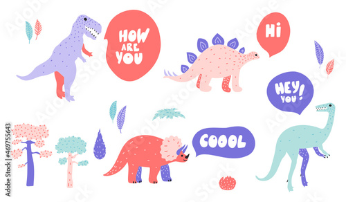 Set of doodle illustrations of Velociraptor, Tyrannosaurus Rex, Stegosaurus, Triceratops with common phrases lettering. Pretty childish drawings in pastel colors. Vector isolated on white.