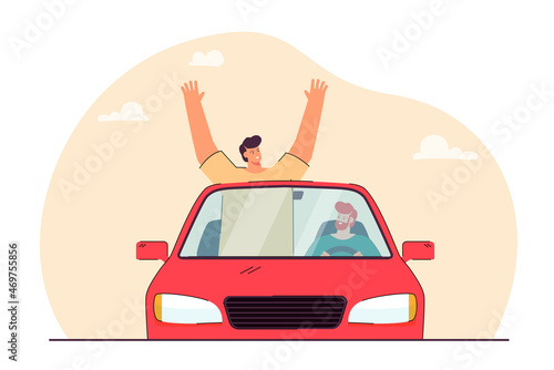Happy passenger looking out of roof of car with hands up. Friends having fun on road trip together flat vector illustration. Summer, vacation concept for banner, website design or landing page